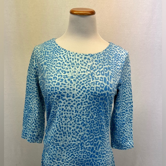 J. Mclaughlin Blue Animal Print Catalina Cloth 3/4 Sleeve Ruched Sage Dress L - Picture 2 of 6